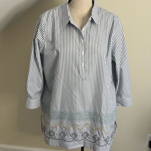 Coldwater Creek Navy and White Striped Button Tunic with Embroidered Hem XL